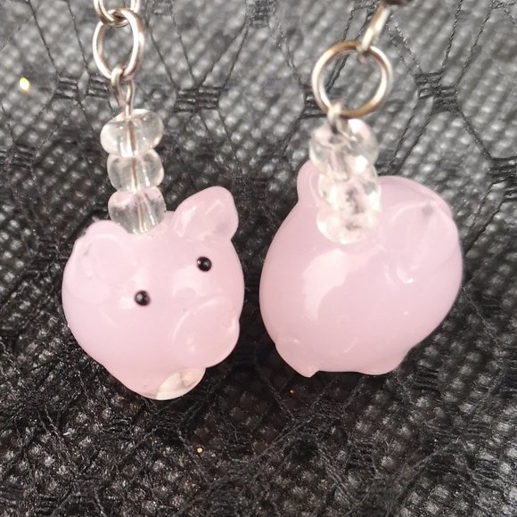 NEW - Adorable Glass Pink Piggy Beaded Earrings Stainless Steel - One of a Kind - Picture 4 of 6